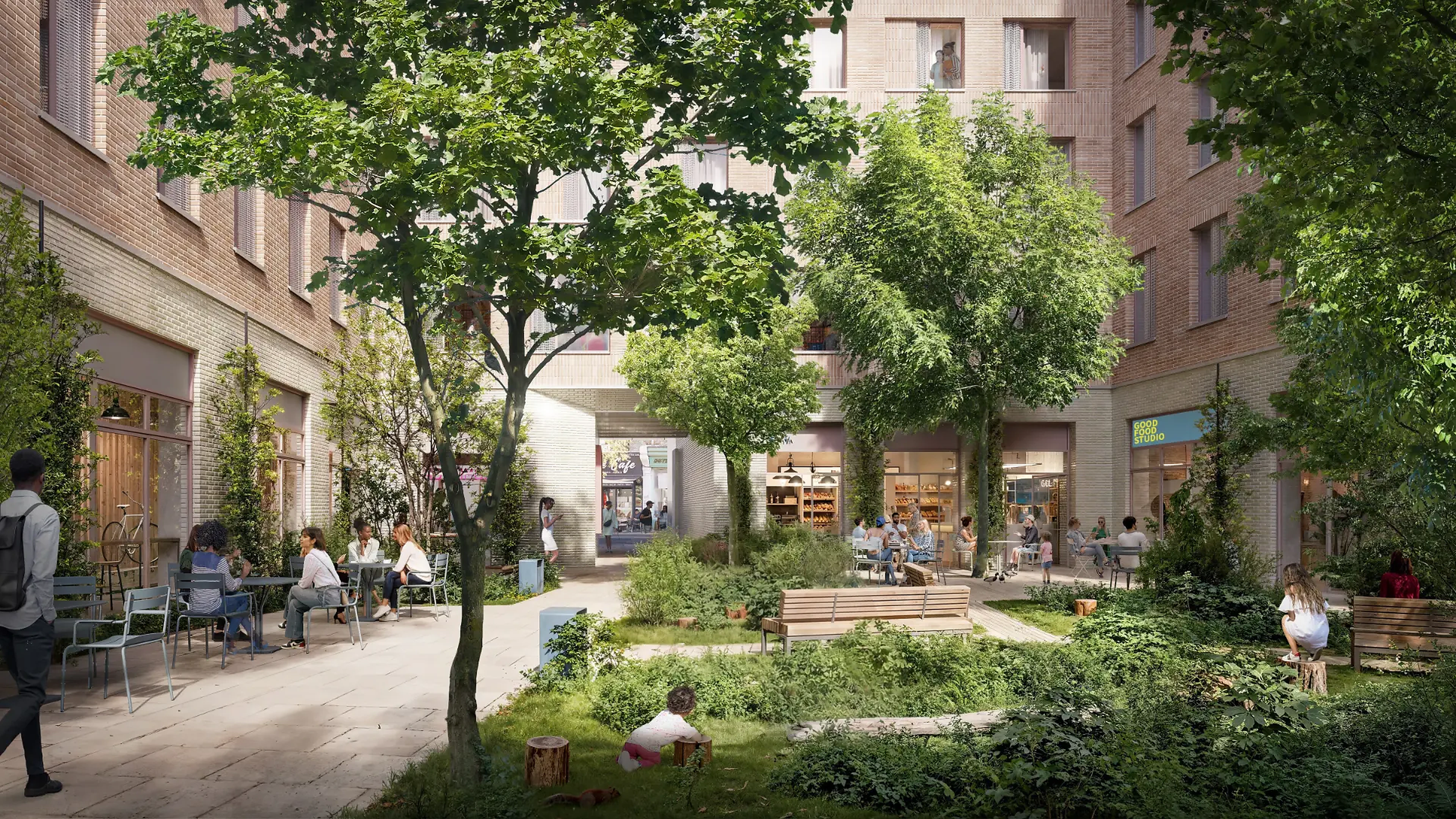 CGI courtyard view at Walworth Corners